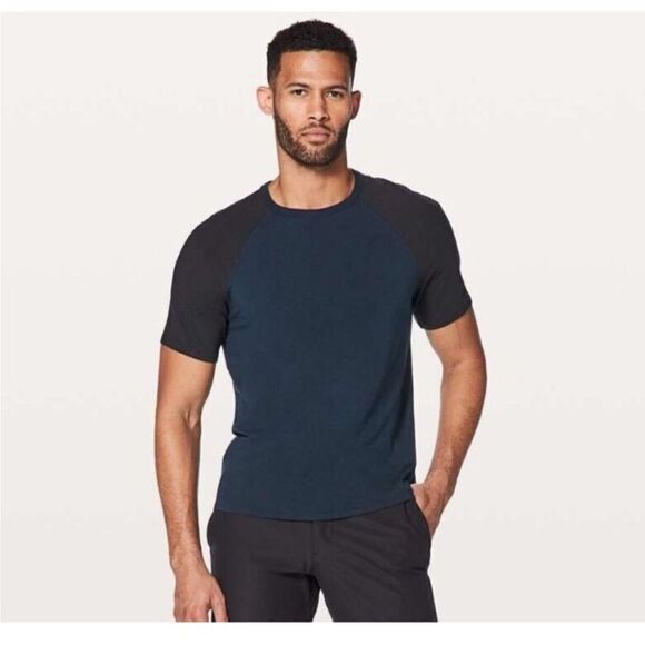 Lululemon Bodhi Short Sleeve T-Shirt Crew Neck Raglan Navy Black Mens Large - Picture 1 of 4